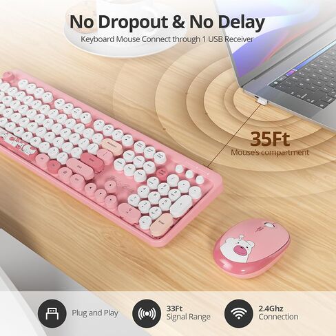 2.4G Colorful Keyboard, 104 Key Blue Wireless Customized Membrane Round keycaps Retro Typewriter Office Keyboard for PC/Mac/Laptop/Tablet/Computer Windows (Blue) in Saudi Arabia