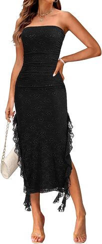 MEROKEETY Women's 2024 Strapless Bodycon Tube Dress Sexy Floral Lace Ruffle Slit Wedding Guest Cocktail Midi Dresses in Saudi Arabia