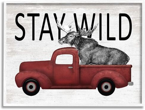 شاحنة بيك اب حمراء عتيقة من شركة Stupell Industries Stay Wild Moose، مصممة بحروف ومبطنة in Saudi Arabia