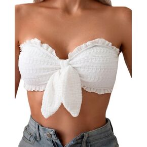 Women's Bathing Suit Knot Front Frill Trim Bandeau Swimsuit Bikini Top