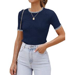 luvamia Womens Tops Trendy Business Casual Summer Short Sleeve Sweater Top Slim Fit Color Block Crewneck Ribbed Knit Tee