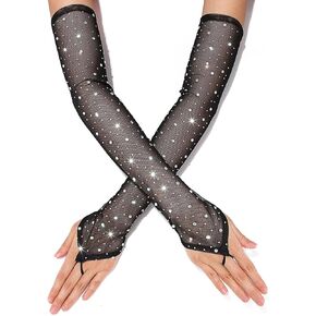 Long Rhinestone Fingerless Gloves Sparkly Tulle Sheer Gloves Party Stretch Prom Accessories for Women and Girls