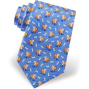 Men's 100% Silk Fetchin Bulldog Dog & Bones Animal Tie Necktie