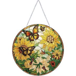 5D Sunflower Butterfly Diamond Painting Kits for Adults Hanging Sign Wall Art Sign Diamond Art Suncatcher Hanging Ornament Home Garden Wall Door Hanging Painting Kits