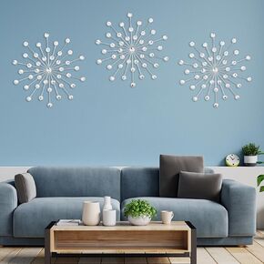 DXYAKY Set of 3 Silver Metal Starburst Wall Art Decor, Rhinestone Crystal Home Decor Accents, 13 Inch Decorative Wall Hanging Diamond, Jeweled Sparkle Wall Sculptures for Living Room Bedroom