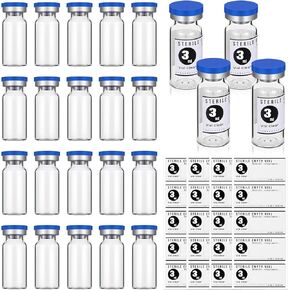 20 Sealed Sterile Empty Vials with Self Healing Injection Port Glass Penicillin Bottle with 20 Label Stickers(3ml)