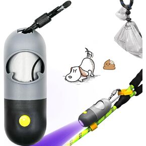 Dog Poop Bags Holder with UV Flashlight with 1 Roll of Leak-Proof Dog Waste Bags Black Light for for Pet Urine Detector with Built-in LR44 Batteries and Dog Walking Accessories (Light Gray)