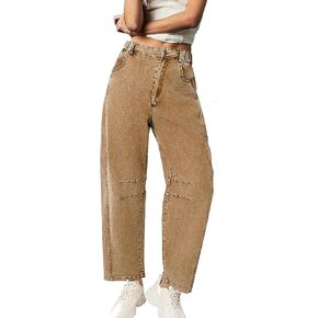 Casual Barrel Jeans for Women Boyfriend Mid Rise Wide Leg Cropped Denim Pants with Pockets