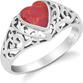 AeraVida True Devotion Reconstructed Red Coral Heart Sterling Silver Ring | Delicate Wedding Rings For Women | Casual Comfort Fit Silver Rings for Women | Gift for Women