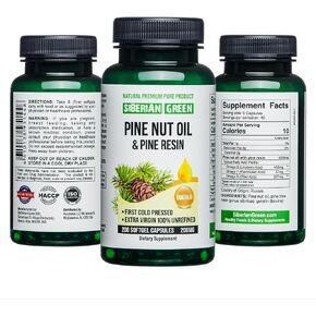Pine Nut Oil w/Pine Resin Capsules 200 Softgels Wild Harvested Siberia Altai Cold Pressed Unrefined