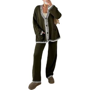 Yeokou ملابس رياضية نسائية مكونة من قطعتين متطابقتين، ملابس كاجوال برقبة على شكل حرف V وأزرار سفلية وسترة وسروال (ArmyGreen-S) in Kuwait