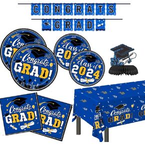 Graduation Party Plates and Napkins 2025, Graduation Party Supplies Congrats Grad Party Decorations Class of 2025,Blue Gold Graduation Disposable Paper Plates Napkins Set,Tablecloth,Banner,Serve 25