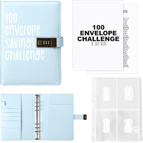100 Envelopes Challenge Binder,with Lock, Leather A5 Money Saving Challenges Book with Envelopes, Budget Binder Savings Challenges to Save $5050 (Blue)