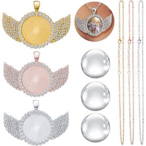 OIIKI 9pcs Rhinestone Wing Shape Bezel Pendant Trays with Round Glass Cabochons and Lobster Clasps Chains Set, Wing Rhinestone Tray for DIY Jewelry Making, Necklace (Gold/Sliver/Rose Gold)