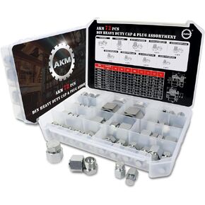 AKM 72 Pcs DIN Heavy Duty Cap & Plug Assortment Hydraulic Adapter Fitting Kit Set, Galvanized Steel with Precision Threading Dash Sizes 14 16 18 20 22 24 30 36