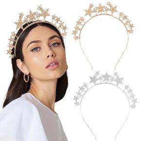2 PCS Star Halo Crown Headbands Crystal Halo Crown Goddess Headband Glitter Star Headband Crystal Goddess Headband Wedding Tiara Glitter Bridal Hair Band Rhinestones Wedding Headpiece for Women