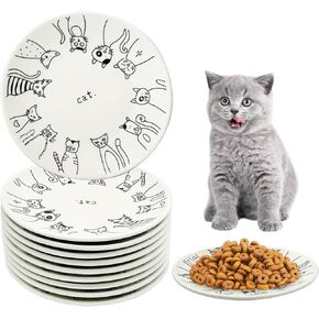 Ceramic Cat Bowl Set of 10-5.9 inch Wide & Shallow Cat Food Dish Cute Cat Plates Relief Whisker Fatigue Small Pet Feeding Bowls for Cats Kittens Puppy
