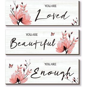 ONIZHITY Set of 3 Purple Bathroom Decor Purple Flower Girl Bedroom Wall Decor with You Are Loved Inspirational Quote Purple Floral for Girl Women Bedroom Living Room Kitchen Office(Purple 12x4)