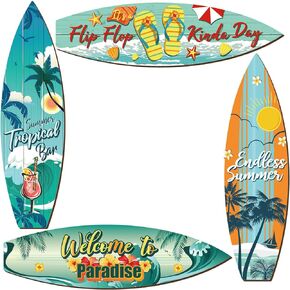 Tatuo 4 Pcs Surfboard Wall Hanging Sign Wooden Beach Decor Summer Themed Flip Flop Tropical Bar Wall Decor Welcome to Paradise Door Sign for Home Room Party Decor (11.81 x 3.31 x 0.2 Inch)