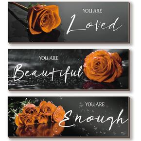 3 Pieces Teal Wall Decor Inspirational Teal Roses Bathroom Decor Wooden Wall Art Positive Quotes You Are Loved You Are Beautiful You Are Enough for Teen Girls Women Office Bedroom(Teal Rose12 x 4 In)