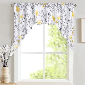 Likiyol Floral Kitchen Valance Curtains Watercolor Flower Leaves Window Valances Teal and Gray Floral Kitchen Curtains, Rod Pocket Small Window Treatment Valance for Bathroom Basement, 52 x 18 Inches