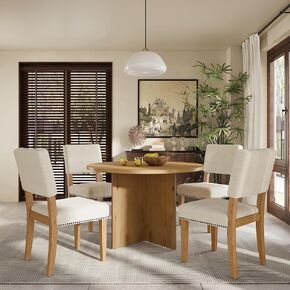 Dining Table Set for 4, with Upholstered Chairs for Dinette Breakfast Nook Apartment, Small Place, Modern Wood Round