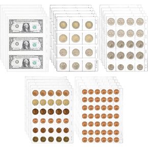 Jucoan 25 Sheet Coin Collection Pages, Total 535 Pockets 5 Sizes Coin Pages Currency Page, Standard 9 Holes Coin Binder Insert Sleeves for Coin Album, Coin Collector Supplies