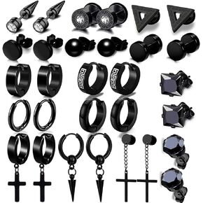 15 Pairs Black Stainless Steel Earrings for Men Women, Hoop Stud Earrings Set Hypoallergenic Cross Dangle Hinged Earrings Set Gifts for Men Women Fashion Jewelry