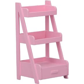 Dollhouse Flower Plants Rack, Flower Stands 3 Layers Hand Crafted Birch Wood Doll House Flower Shelf with Storage Drawer (Pink)
