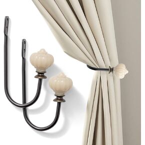 Curtain Holdback, 2pcs Wall Mounted Drapery Tiebacks with White Pumpkin, Heavy Duty Metal Decorative Window Drapery Curtain Holder Curtain Hooks with Screws (White Pumpkin)