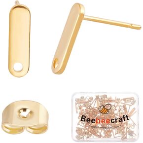 Beebeecraft 1 Box 80Pcs 4 Style 24K Gold Plated Stud Earring Findings Stainless Steel Triangle Oval Rhombus Flat Round Stud Earring Posts with Loop and Ear Nuts for Women Jewelry Making
