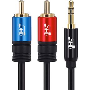 SHD 3.5mm Aux to 2RCA Y Splitter Stereo Audio Cable Male Type OFC Conductor High Flexible PVC Jacket Dual Shielding Gold Plated High End Metal Shell-Black 15Feet/5m