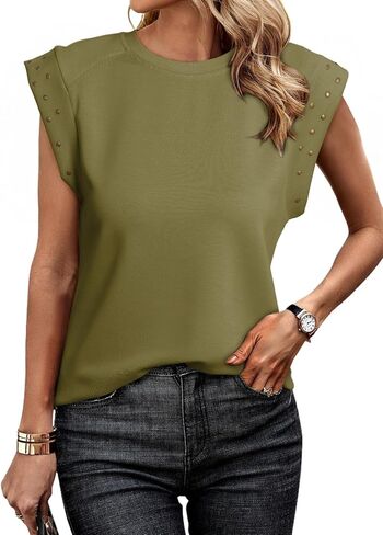 Dokotoo Womens Studded Short Sleeve Tops Summer Casual Knit Solid Crew Neck Shirts Blouses in Saudi Arabia