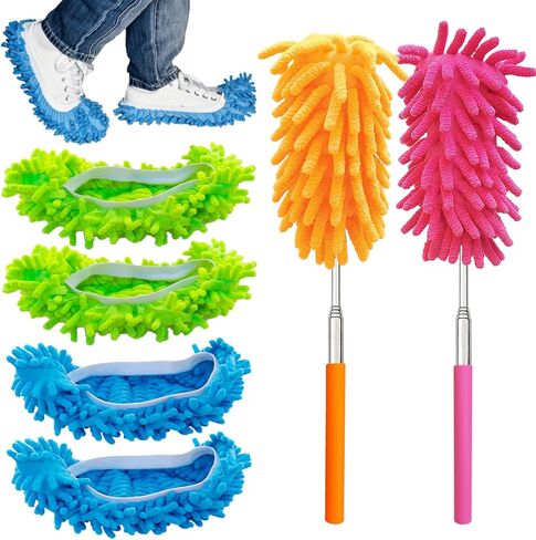 مجموعة منفضة غبار منزلية مكونة من 4 قطع، مع 2 منفضة غبار شانيل من الألياف الدقيقة القابلة للتمدد وزوجين من غبار غطاء حذاء شانيل، أداة تنظيف للتنظيف المنزلي in Kuwait