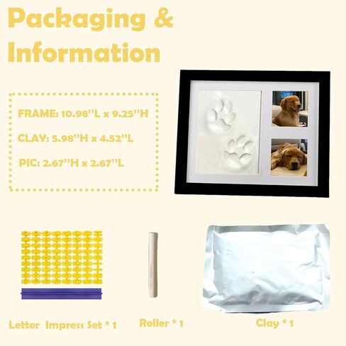 Clay Paw Print Kit with Picture Frame, Pet Paw Print Impression Kit, Dog or Cat Pawprint Keepsake Wooden Photo Frame, Paw Print Stamp Pad for Dogs, Cats & Pets-Black in Saudi Arabia