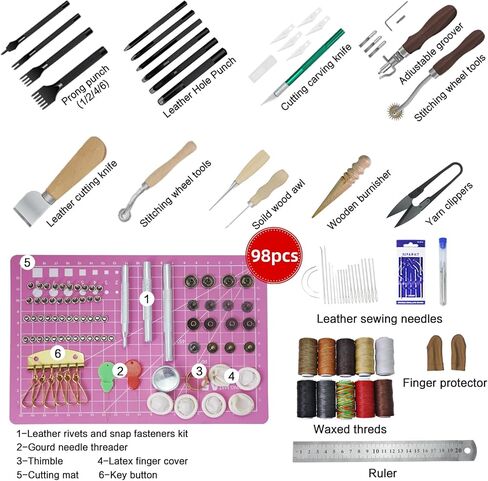 AMOGTO Leather Working Tools Leather Craft Tools Kit with Storage Bag, Leather Carving Tools Leather Craft Making for Punching Cutting Stamping Carving Sewing, Leather Tools Kit for DIY Leathercraft in Kuwait