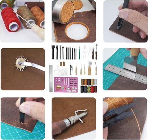 AMOGTO Leather Working Tools Leather Craft Tools Kit with Storage Bag, Leather Carving Tools Leather Craft Making for Punching Cutting Stamping Carving Sewing, Leather Tools Kit for DIY Leathercraft in Kuwait