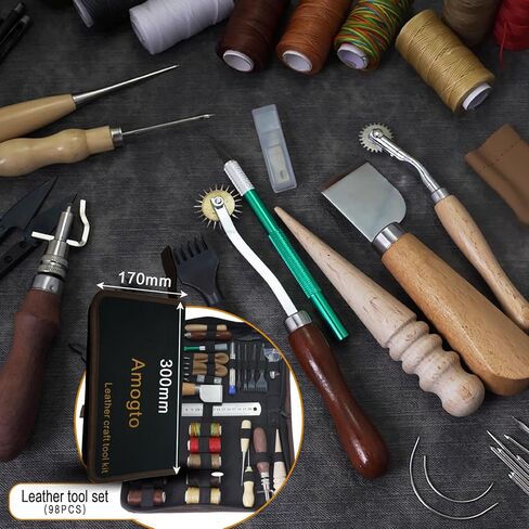 AMOGTO Leather Working Tools Leather Craft Tools Kit with Storage Bag, Leather Carving Tools Leather Craft Making for Punching Cutting Stamping Carving Sewing, Leather Tools Kit for DIY Leathercraft in Kuwait