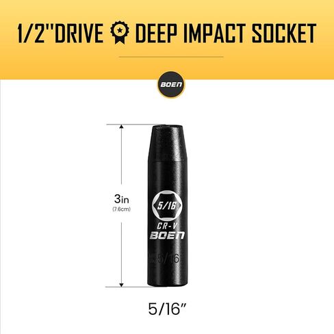 BOEN 1/2" Drive Deep Impact Socket,1 Inch Premium Socket,SAE,6 Point,Cr-V Steel with Laser Marking - Strong and Durable in Kuwait