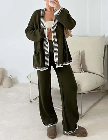 Yeokou ملابس رياضية نسائية مكونة من قطعتين متطابقتين، ملابس كاجوال برقبة على شكل حرف V وأزرار سفلية وسترة وسروال (ArmyGreen-S) in Kuwait