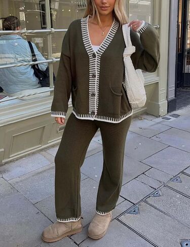 Yeokou ملابس رياضية نسائية مكونة من قطعتين متطابقتين، ملابس كاجوال برقبة على شكل حرف V وأزرار سفلية وسترة وسروال (ArmyGreen-S) in Kuwait