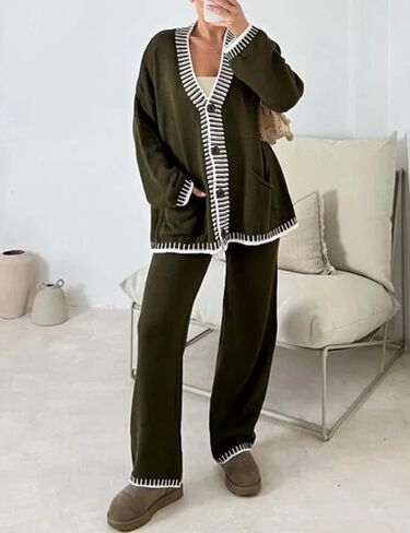 Yeokou ملابس رياضية نسائية مكونة من قطعتين متطابقتين، ملابس كاجوال برقبة على شكل حرف V وأزرار سفلية وسترة وسروال (ArmyGreen-S) in Kuwait