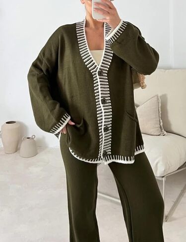 Yeokou ملابس رياضية نسائية مكونة من قطعتين متطابقتين، ملابس كاجوال برقبة على شكل حرف V وأزرار سفلية وسترة وسروال (ArmyGreen-S) in Kuwait