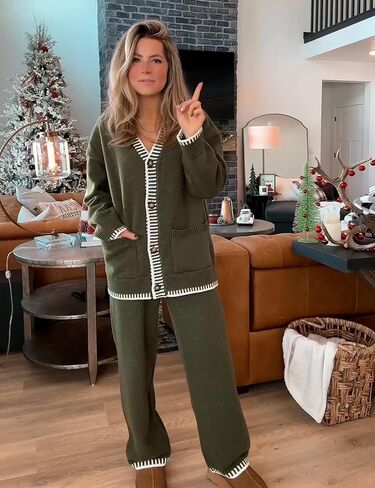 Yeokou ملابس رياضية نسائية مكونة من قطعتين متطابقتين، ملابس كاجوال برقبة على شكل حرف V وأزرار سفلية وسترة وسروال (ArmyGreen-S) in Kuwait