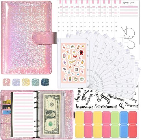 Glitter Budget Planner,Money Saving Binder with Zipper Envelopes & Expense Budget Sheets,Envelopes Money Saving Challenge,Savings Budget Planner with Cash Envelopes (Black) in Saudi Arabia