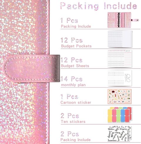 Glitter Budget Planner,Money Saving Binder with Zipper Envelopes & Expense Budget Sheets,Envelopes Money Saving Challenge,Savings Budget Planner with Cash Envelopes (Black) in Saudi Arabia