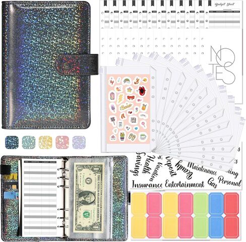 Glitter Budget Planner,Money Saving Binder with Zipper Envelopes & Expense Budget Sheets,Envelopes Money Saving Challenge,Savings Budget Planner with Cash Envelopes (Black) in Saudi Arabia