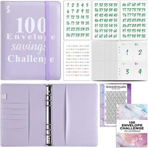 TOBATOBA 100 مغلف تحدي توفير المال، كتاب تحديات التوفير مقاس A5 مع مظاريف، مجموعة أدوات حفظ التوفير لتحدي المغلف النقدي، طريقة سهلة وممتعة لتوفير 5,050 دولارًا، أرجواني in Kuwait