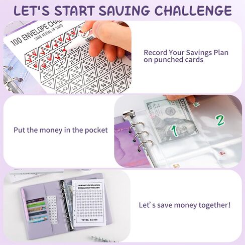 TOBATOBA 100 مغلف تحدي توفير المال، كتاب تحديات التوفير مقاس A5 مع مظاريف، مجموعة أدوات حفظ التوفير لتحدي المغلف النقدي، طريقة سهلة وممتعة لتوفير 5,050 دولارًا، أرجواني in Kuwait