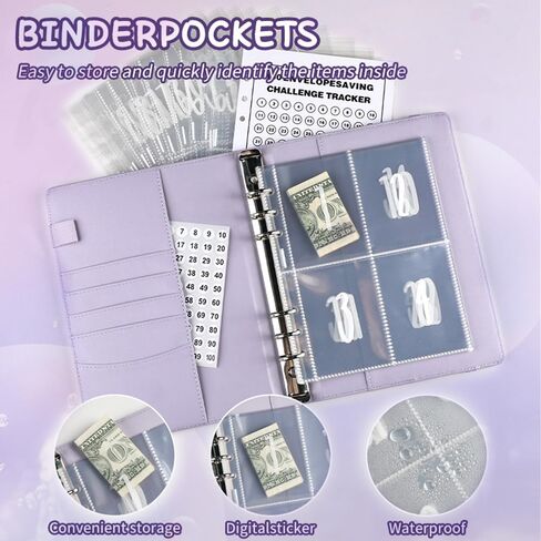 TOBATOBA 100 مغلف تحدي توفير المال، كتاب تحديات التوفير مقاس A5 مع مظاريف، مجموعة أدوات حفظ التوفير لتحدي المغلف النقدي، طريقة سهلة وممتعة لتوفير 5,050 دولارًا، أرجواني in Kuwait